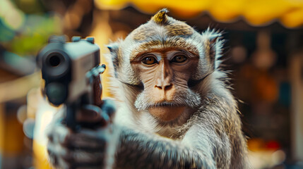 monkey pointing machine gun in urban street