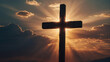© xKas - Ethereal glow behind the Cross of Jesus at sunset, capturing the essence of Christian spirituality.