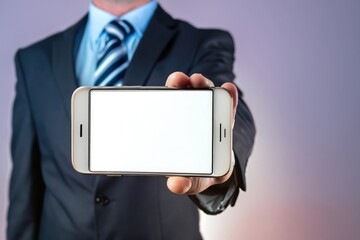 man showing the screen of a smartphone, template of a phone, blank screen, businessman with a smart phone in hand