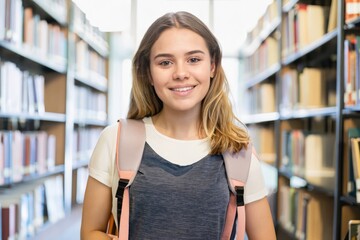 smiling female student in library, woman in a bookshelf, teen student 