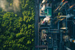 An ultra high definition aerial shot capturing the stark contrast between a sprawling industrial complex with its smokestacks and machinery and the lush greenery of the adjacent untouched