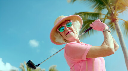 Elegant senior woman golfer with golf club playing golf