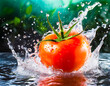 Frische Tomate mit Wasserspritzer auf blauem Hintergrund