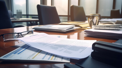 Poster - business documents on table in office, financial records, business statics, office record audit, office paper work space