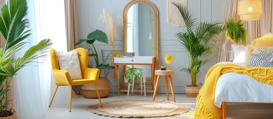 Sticker - Cozy bedroom interior with bed, chair, mirror and green plants for relaxing atmosphere