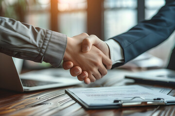 Wall Mural - Top view hands of agent and client shaking hands after signed contract buy new apartment