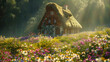 A charming cottage with a thatched roof, nestled amidst a field of wildflowers. The soft sunlight bathes the exterior, creating a nostalgic and idyllic scene..