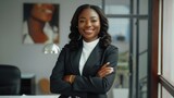 Fototapeta Londyn - Portrait, black woman and smile with arms crossed in office for confidence, corporate pride and professional lawyer in Nigeria. Happy african female advocate working in company,
