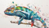A dynamic splash art chameleon in vivid colors against a white background, blending art with nature.