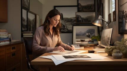 Aufkleber - A beautiful woman is sitting at a desk and working with papers. Interior designer, Artist in the workplace.