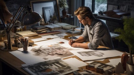 Aufkleber - An architect, an interior designer works at a table with a house, apartment project, chooses materials, colors for furniture, walls, floor and ceiling.
