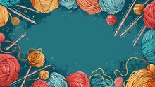 Background With Cute Doodles Of Yarn Balls, Knitting Needles, And Crochet Hooks. With Text Space