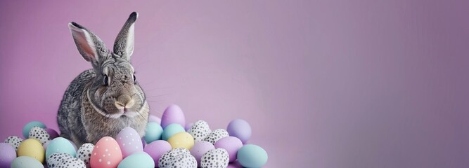 Spring's soft mascot a rabbit among Easter's colorful treasures, Easter day concept creative layer with space for copy text or product background