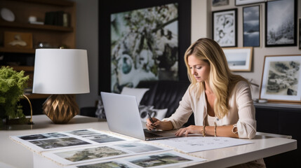 Aufkleber - A beautiful woman is sitting at a laptop at a desk and working with papers. Interior designer, Photographer, Retoucher, Artist in the workplace.