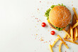 Concept of mock up burger and french fries on white background.