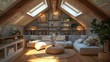 attic loft transformed into a versatile space for hobbies and relaxation, featuring skylights, built-in storage