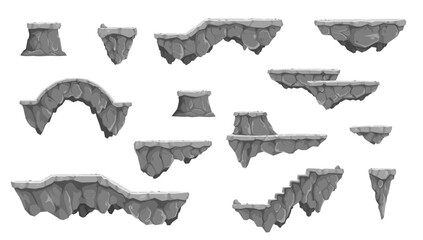 Poster - Cartoon isolated rock stone game platforms, vector UI interface assets for 2d arcade video or computer game map. Flying jumping platforms, floating islands, stairs and bridge of gray rocks and stones