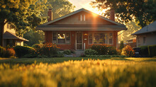 A Cozy Suburban Bungalow, Bathed In The Warm Glow Of The Late Afternoon Sun, Casting Long Shadows On Its Neat Front Lawn.