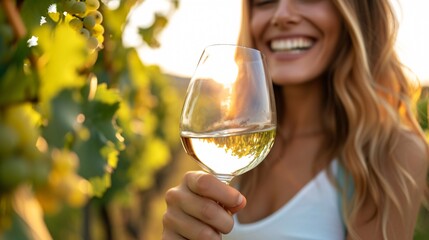 A happy lady with pearly whites savoring a glass of white vino on a wine holiday in the vineyards of Italy and France, toasting with her glass and leaving room for text.