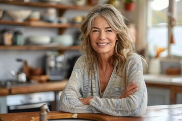 Wall Mural - A beaming woman stands against a wooden kitchen wall, radiating warmth and happiness as she poses for the camera