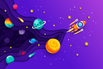 Wall Mural - Universe space paper cut banner with rocket and galaxy planets, cartoon vector background. Rocket launch start up in outer space adventure to galactic stars in sky with paper cut planets and asteroids