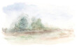 Abstract landscape in watercolor, faded colors, granulation effect, green, brown tones