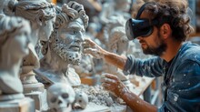 A digital sculptor using virtual reality goggles and controllers to shape and mold virtual clay, creating intricate and lifelike 3D sculptures