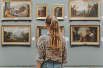 Poster - Young woman looks at paintings in a museum or exhibition at art gallery