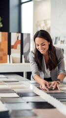 Canvas Print - A pretty smiling woman chooses the color of the tiles for the floors and walls of the bathroom and toilet in a hardware store. Interior designer, Renovation materials and construction concepts.