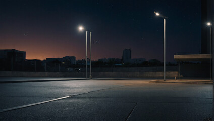 Wall Mural - Silent urban square with empty asphalt ground, set against the backdrop of the night sky.