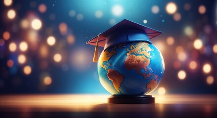 3D globe in graduate hat illustration