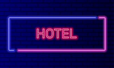 Wall Mural - Neon sign hotel in speech bubble frame on brick wall background vector. Light banner on the wall background. Hotel button booking apartments, design template, night neon signboard