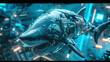 Aquatic cyborg animals rendered in 3D showcasing cyber enhanced sharks and robotic dolphins navigating digital seas