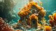 A hyperrealistic image of a sponge house with a square roof and a door. The house is soft and quirky, and has a face and a flower on it. The house is located in a sea, with a coral and a fish. The ima