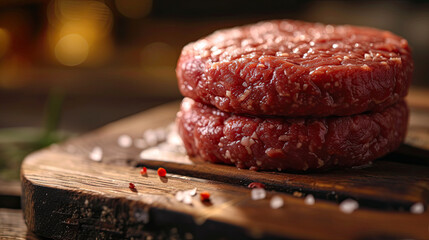 close up raw beef patty on a wooden board