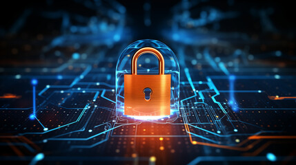 Wall Mural - lock on code background of digital padlock, surrounded by circuit-like designs and icons, glowing with blue and orange lights. It represents the idea of cybersecurity or encryption