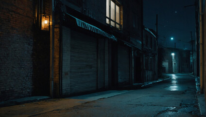 Poster - Solitary alley in the city at night, featuring an empty asphalt floor beneath a starlit sky.