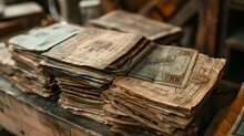 Illustration Of Vintage Banknotes Aged By Time. Precious Relics That Capture The Essence Of Distant Times. Old Notes Carry Memories.