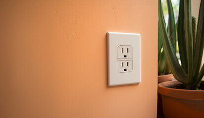 Angled Shot of a North American Electrical Outlet on the Exterior of a house by a Potted Cactus