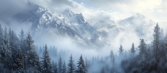 Sticker - Majestic snow-capped mountain with a backdrop of dense pine trees and fluffy clouds