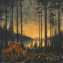 Gentle Deer Grazing In A Peaceful Forest, Symbolizing Harmony With Nature. 