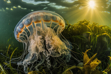 Sticker - Lion's Mane Jellyfish Underwater with Sunlight