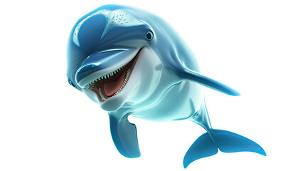 Wall Mural - 3d cartoon character blue dolphin isolated on white background. sea animal. dolphin jumps out of water