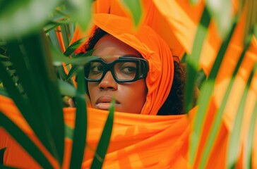 Wall Mural - A stylish woman with a vibrant orange scarf and glasses stands confidently among the greenery, exuding a sense of warmth and intellect