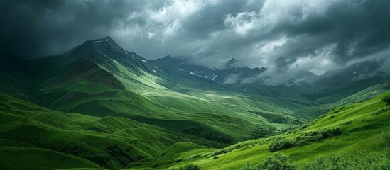 Poster - Serene green valley nestled amidst towering majestic mountains in the distance