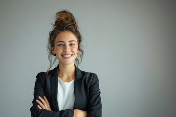 Sticker - Young Teacher Smiling in Classroom. Young female educator smiling confidently in a classroom setting, with students in the background.