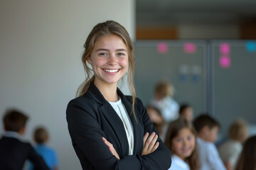 Wall Mural - Young Teacher Smiling in Classroom. Young female educator smiling confidently in a classroom setting, with students in the background.