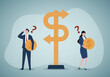 © HONGWEI - Investment choice or option to make profit, buy or rent, pay off debt or invest, select best earning asset, confused businessman and woman investor hold money coin choose dollar direction signs.