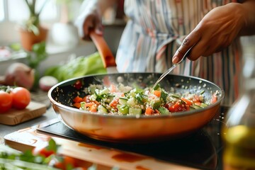 A chef skillfully prepares a flavorful vegetable stir-fry in a wok, combining fresh tomatoes and other ingredients from a mixing bowl to create a delicious and healthy meal in their cozy kitchen