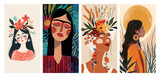 Fototapeta Panele - Portraits of four women with floral motifs and abstract design, poster set.